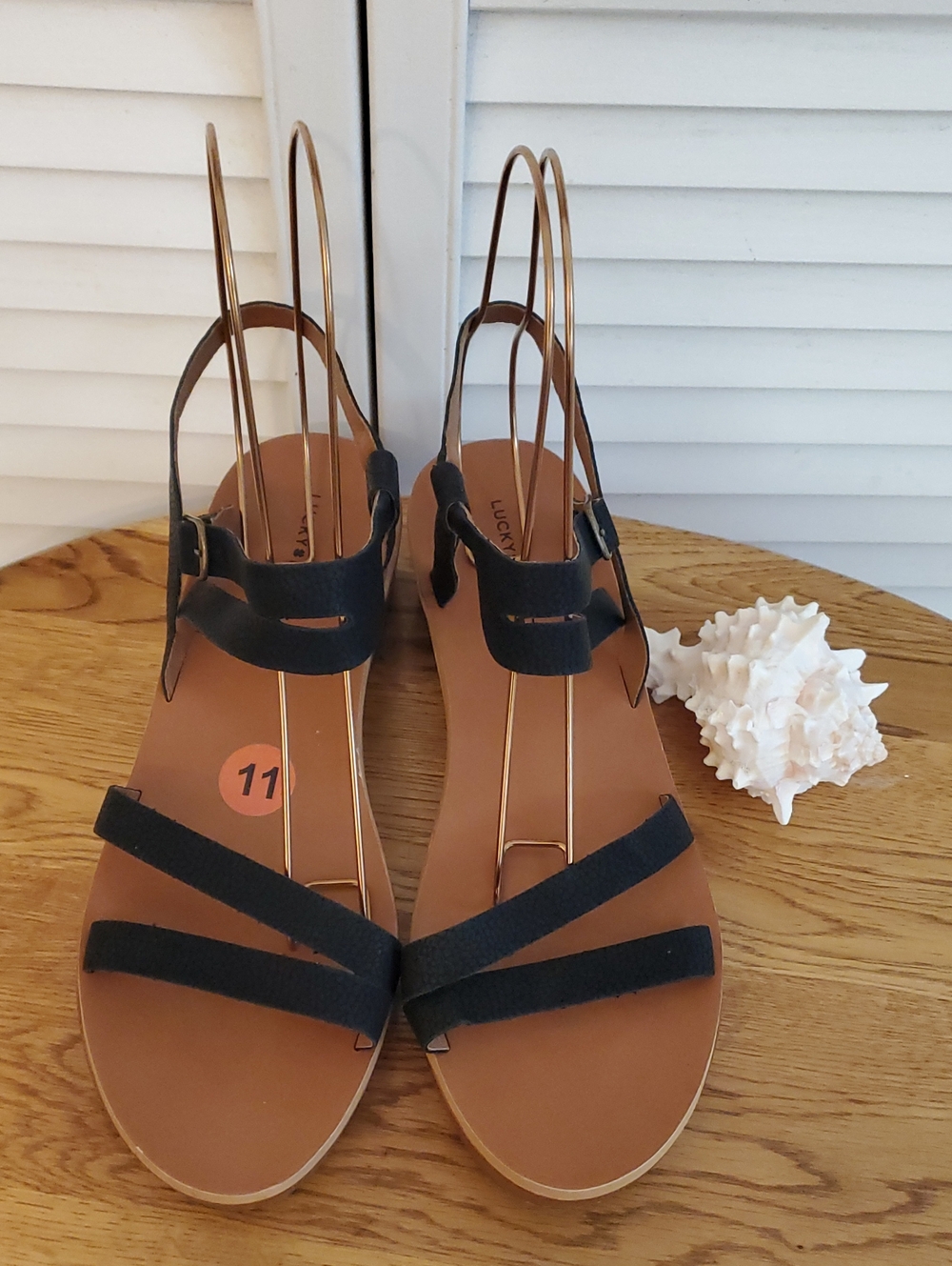 Lucky Brand "Hecilia" Black Ankle Strap Leather Strappy Wedge Sandals, Size 11